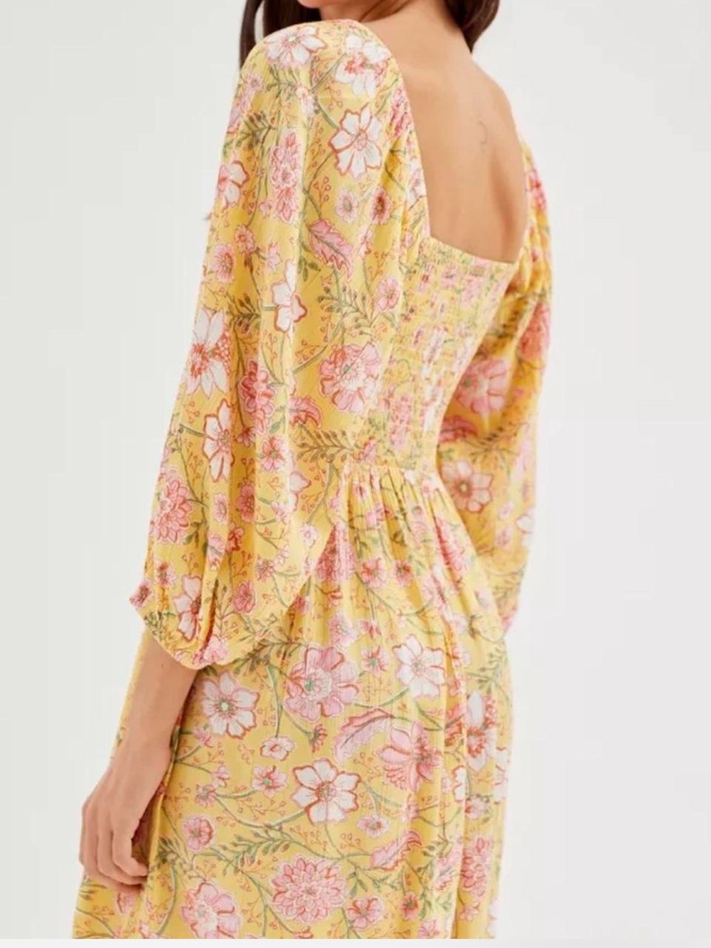 Billabong Paradise Days Dress‎ Golden smocked bodice Boho Peasant Floral Medium - Picture 3 of 11